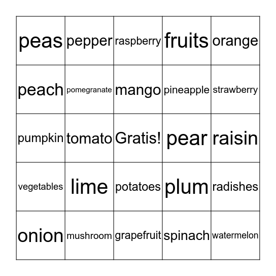 frutas y vegetales Bingo Card