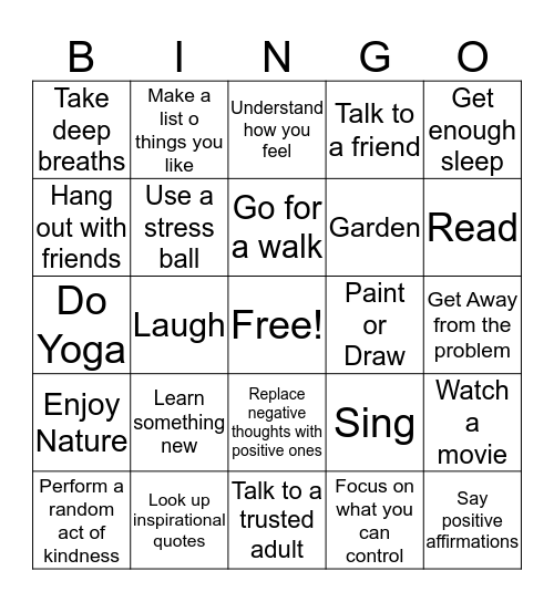 Coping Skills Bingo Card