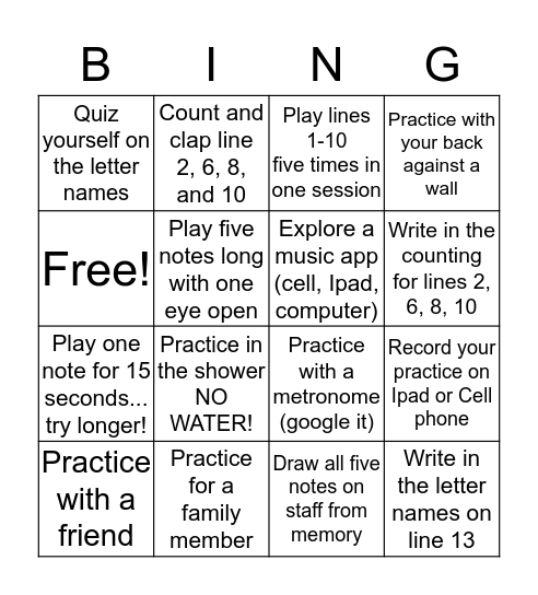 5th Grade Band Bingo Card