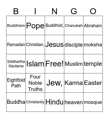 World Religions Bingo Card