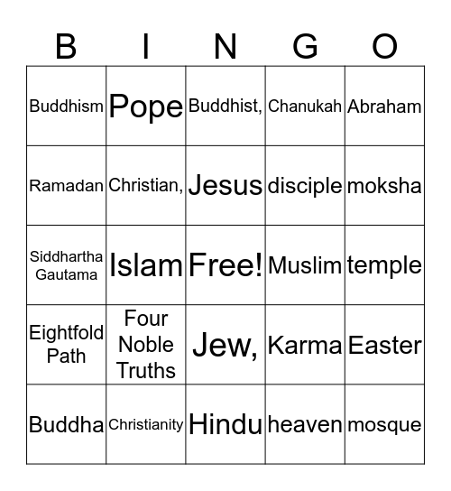 World Religions Bingo Card