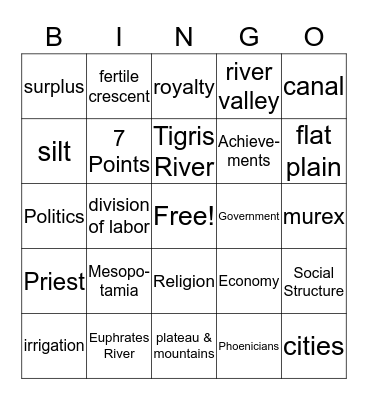 Civilizations; Almost Bingo! Bingo Card