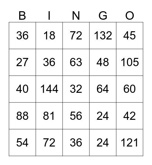 Multiplication  Bingo Card