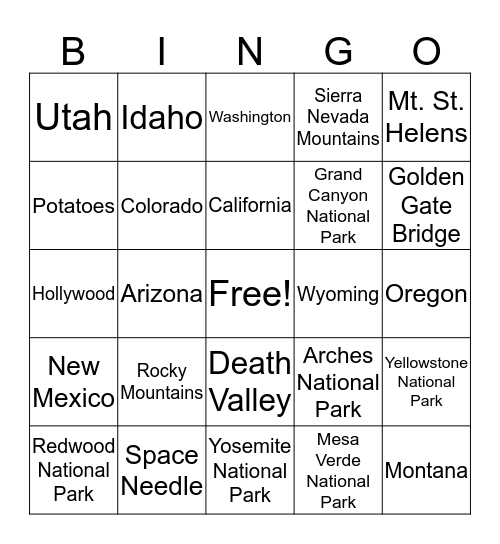 West Region Bingo Card