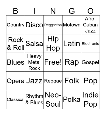 Music Genre Bingo Card