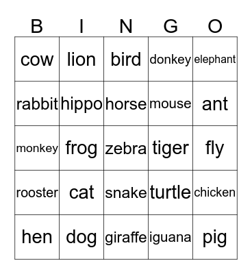 animals Bingo Card