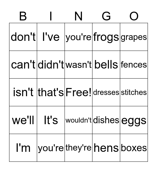 Spelling Bingo  Bingo Card