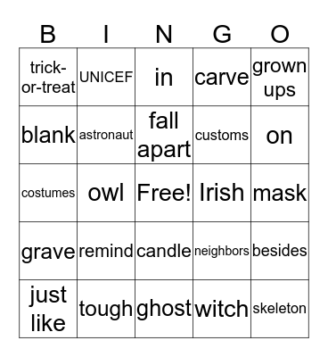 Vocabulary Bingo - Oct. 27 Bingo Card
