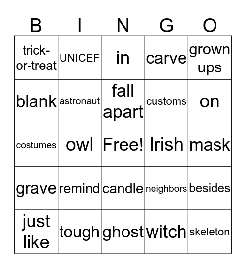 Vocabulary Bingo - Oct. 27 Bingo Card