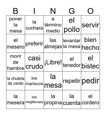 Spanish II Chapter 4 Words Bingo Card