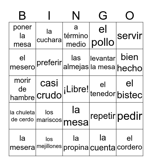 Spanish II Chapter 4 Words Bingo Card