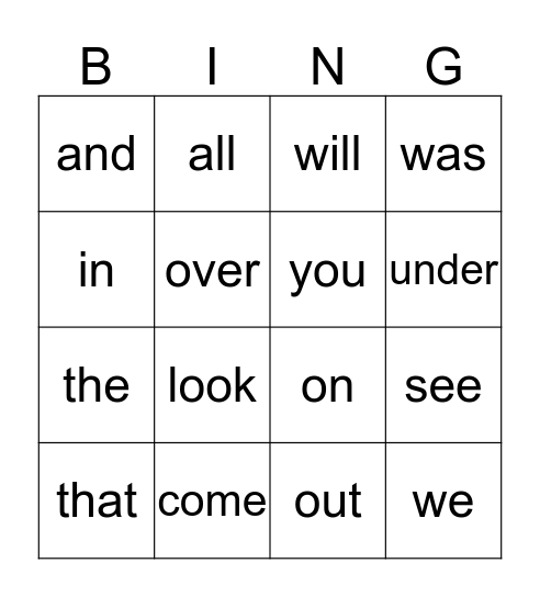 Spelling Words Bingo Card