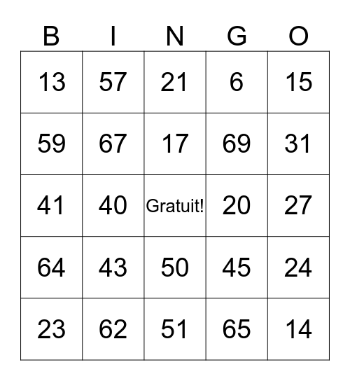 Les Numéros (1 à 69) Bingo Card