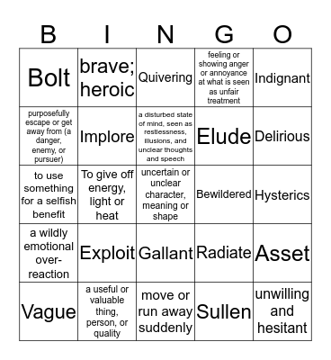 Outsiders Vocabulary Bingo Card