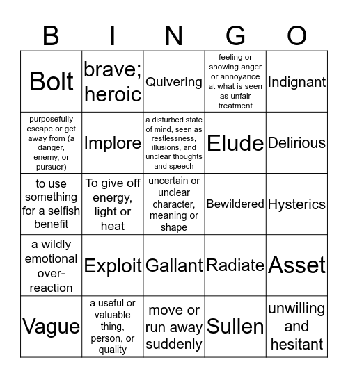 Outsiders Vocabulary Bingo Card