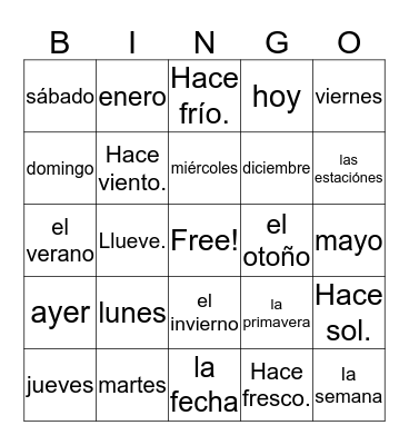 Calendar & Weather Bingo Card