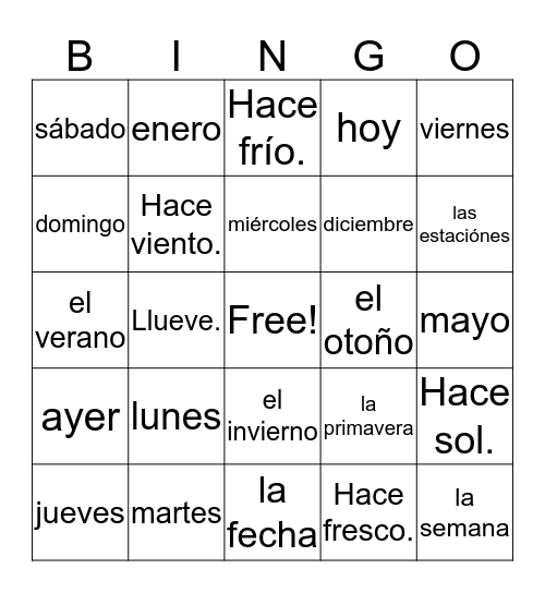 Calendar & Weather Bingo Card