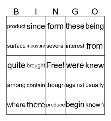 Sight Words Bingo Card