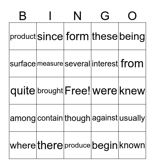 Sight Words Bingo Card