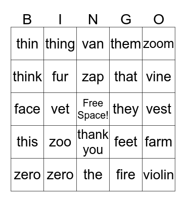 Initial Fricative BINGO  Bingo Card