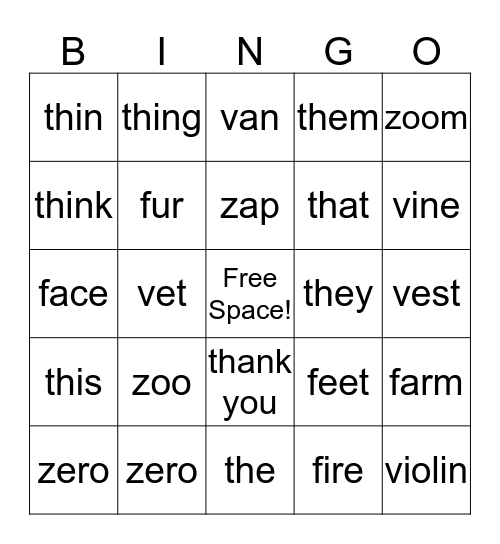Initial Fricative BINGO  Bingo Card