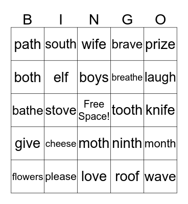 Final Fricative BINGO  Bingo Card