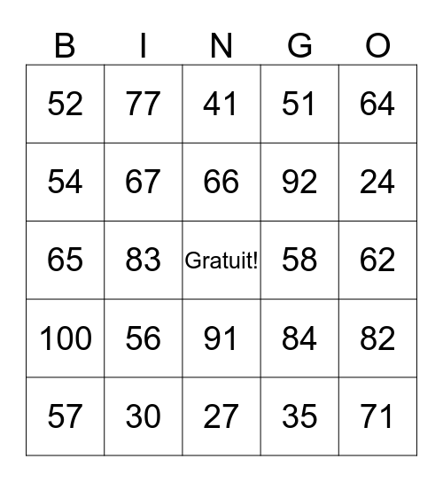 Les Numéros (20 à 100) Bingo Card