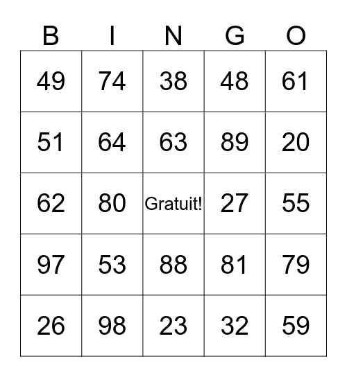 Les Numéros (20 à 100) Bingo Card