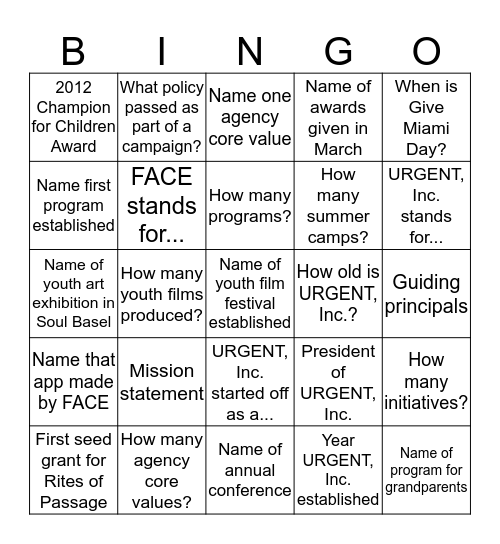 URGENT, INC.  Bingo Card