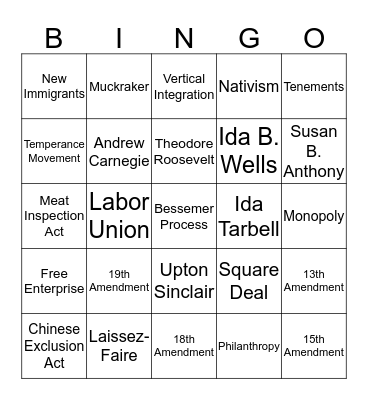 Gilded Age - Progressive Era Bingo Card