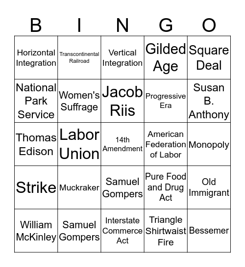 Gilded Age - Progressive Era Bingo Card