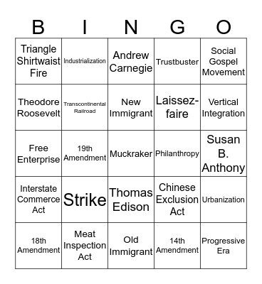 Gilded Age - Progressive Era Bingo Card
