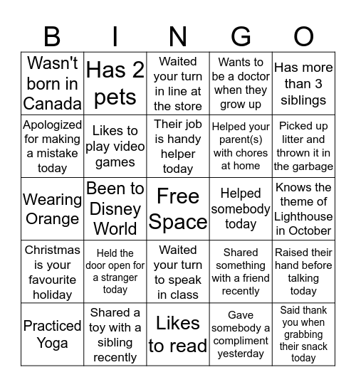 Humility and Fairness Bingo Card