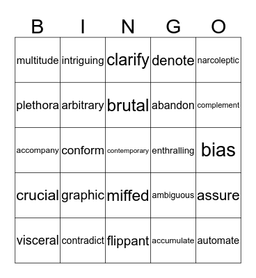 Vocabulary Bingo Card