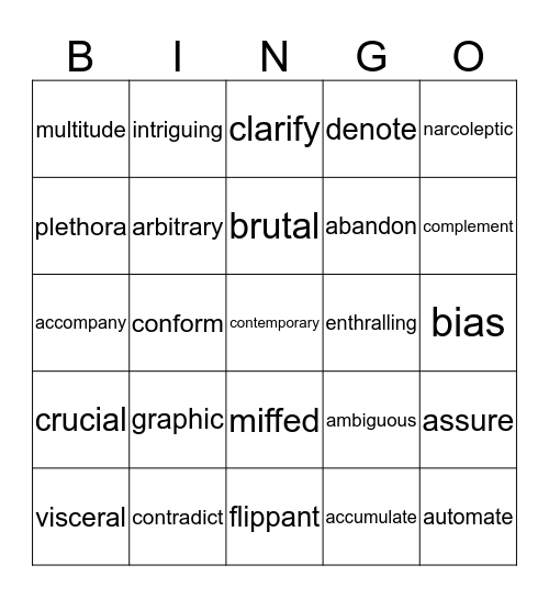 Vocabulary Bingo Card