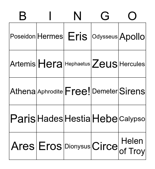 God & Goddess Bingo Card