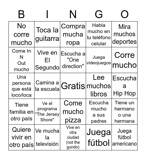 Español Bingo Card