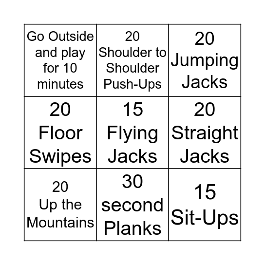 Snow Day PE Bingo Card