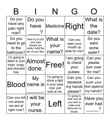 Medical Spanish Bingo Card