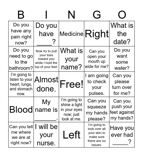 Medical Spanish Bingo Card