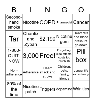 Medication Adherence and Smoking Cessation Bingo Card