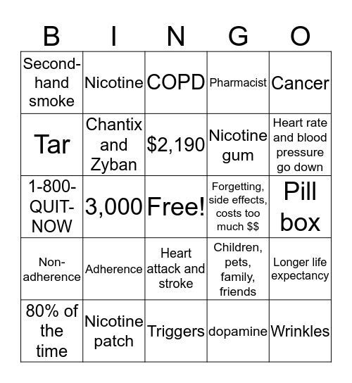 Medication Adherence and Smoking Cessation Bingo Card