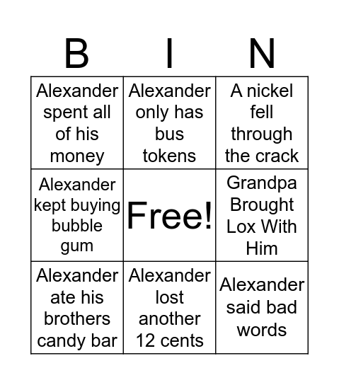 Alexander Who Used to Be Rich Last Sunday Bingo Card