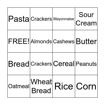 FOOD GROUP BINGO Card