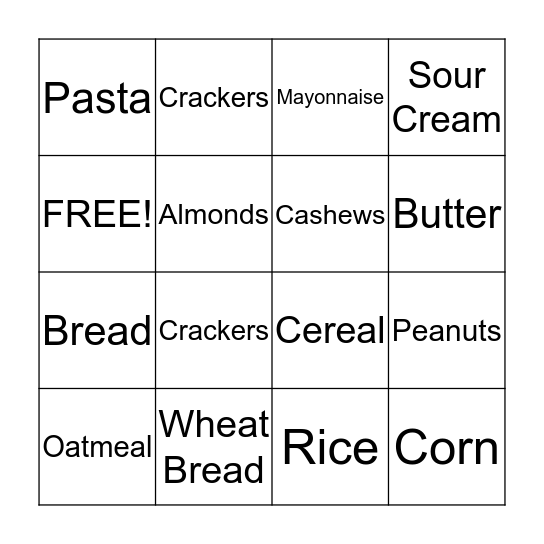 FOOD GROUP BINGO Card