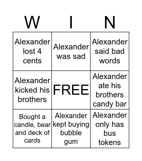 Alexander Who Used to Be Rich Last Sunday Bingo Card