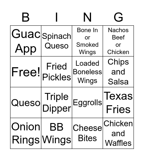 Appetizer Bingo Card