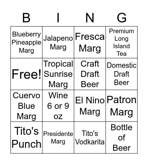 Booze Bingo Card
