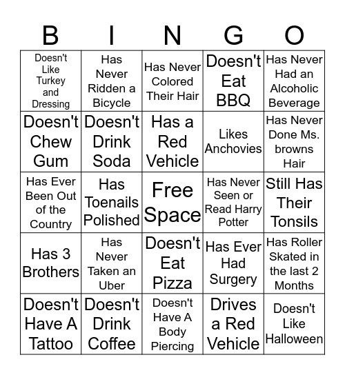 GET TO KNOW ME Bingo Card