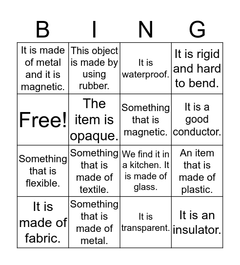 Materials and Material Properties Bingo Card